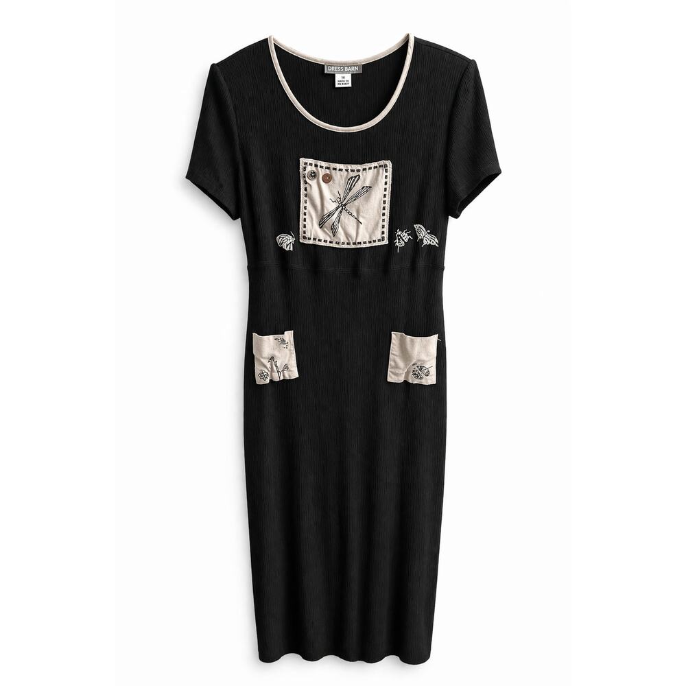 Vintage Dressbarn Black Crinkle Dragonfly Bugs Maxi Dress Women's 16 Kitsch